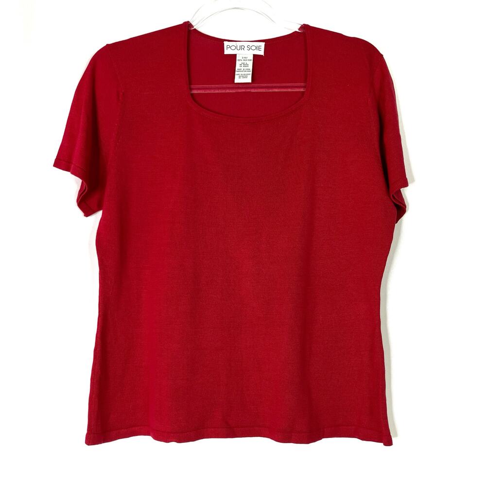 Pour Soie | Vintage 100% Silk Red Tee Shirt Short Sleeve Square Scoop Womens L